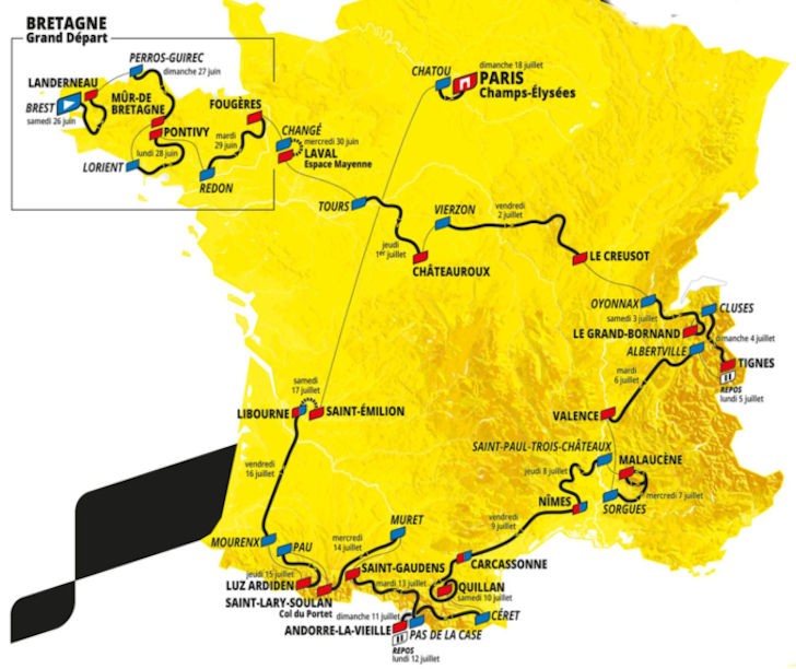 Kaart van Frankrijk, in geel met daarop de route van de Tour de France 2021