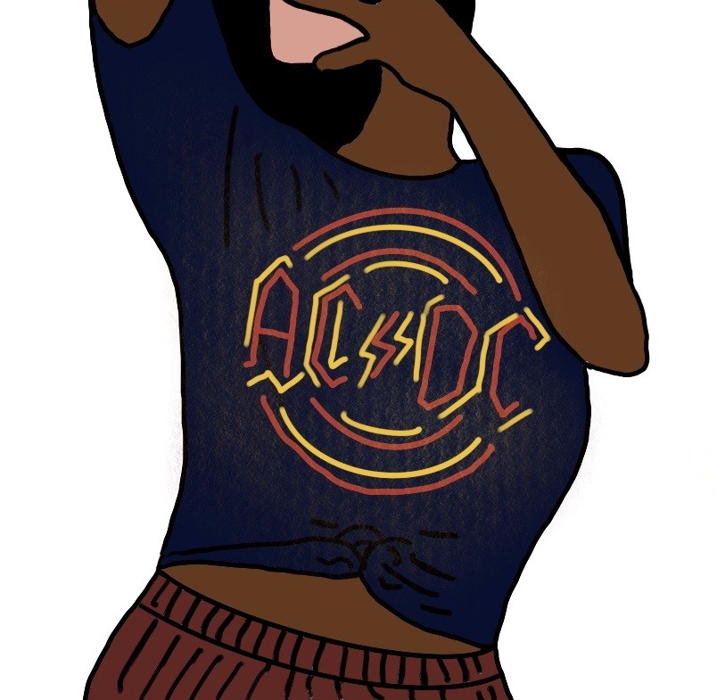 Tekening van jonge vrouw in shirtje met bandnaam AC/DC erop