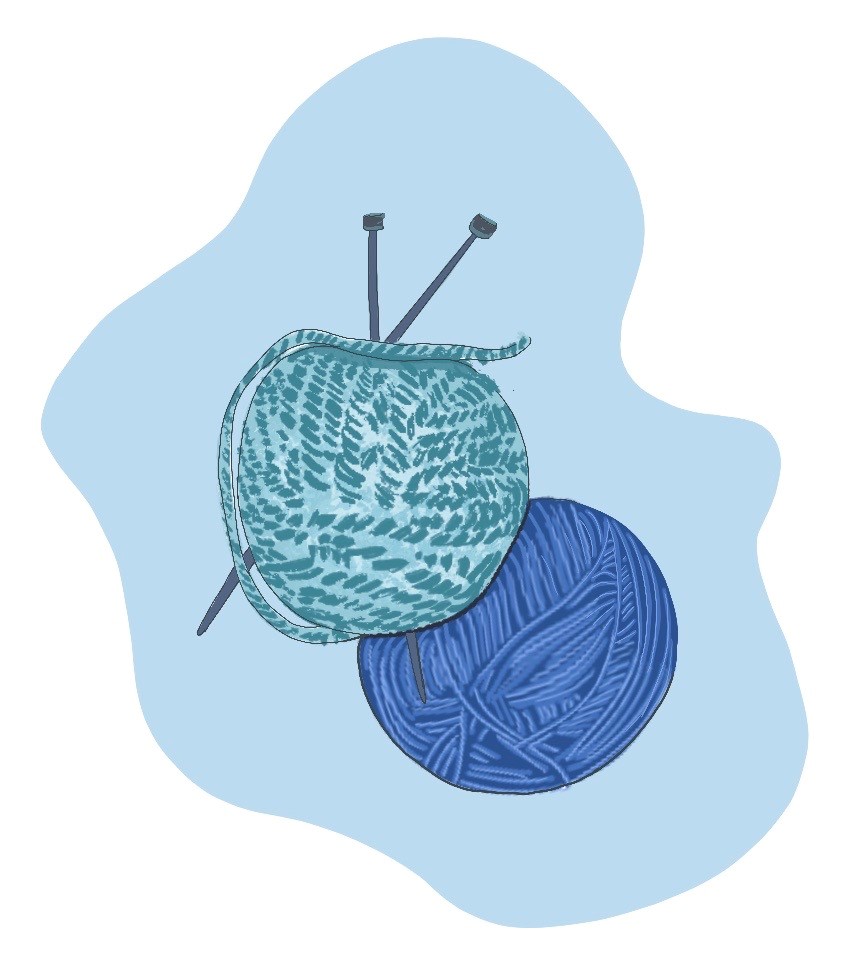 tekening van twee bollen wol in blauwtinten. In een van de twee bollen steken twee breinaalden