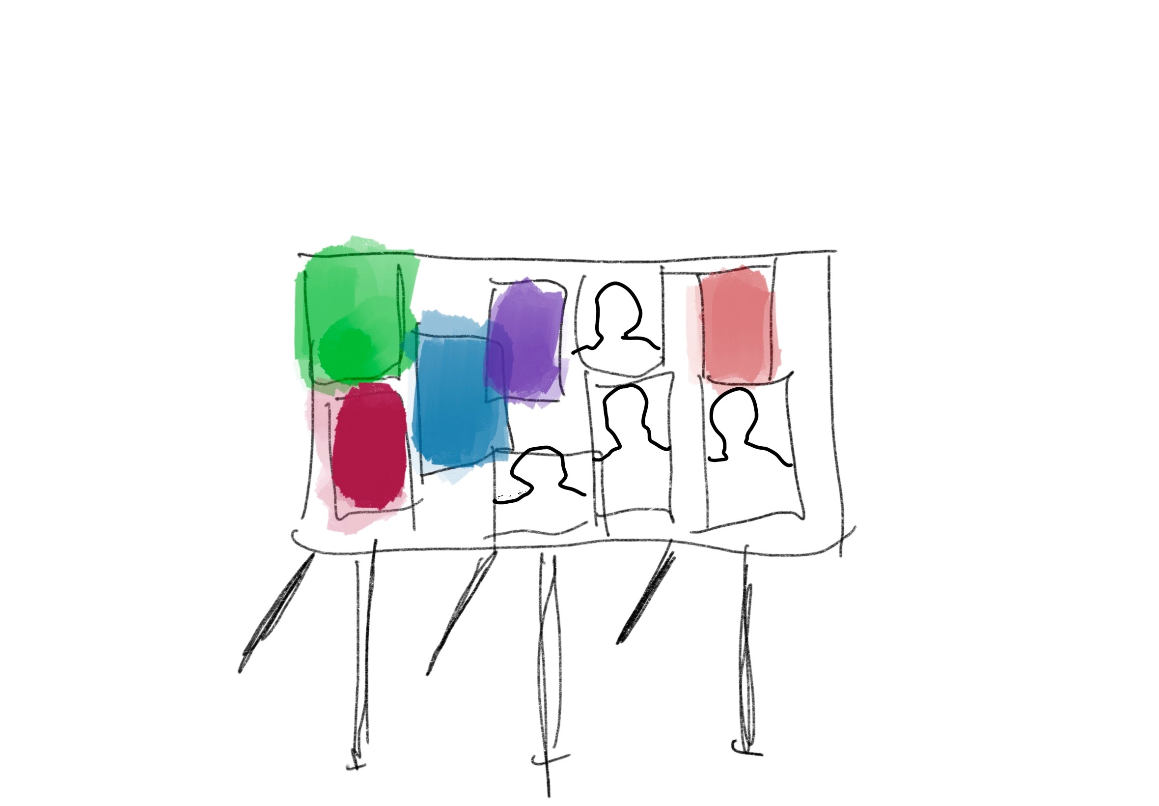 Schets van verkiezingsbord in openbare ruimte volgeplakt met abstracte partijposters
