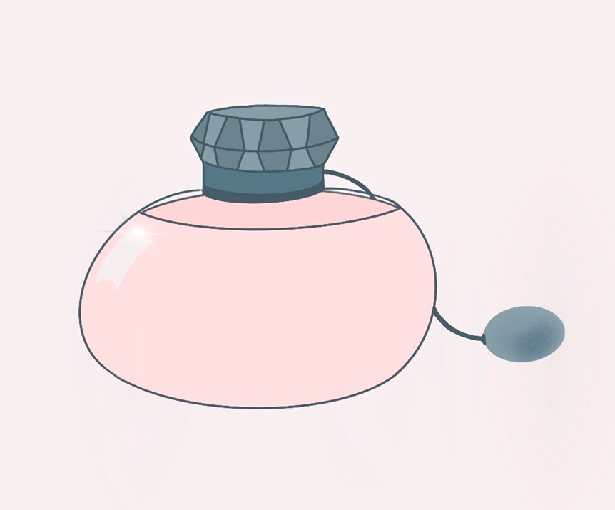 tekening van een luxe parfumflacon gevuld met zachtroze parfum en voorzien van bolverstuiver