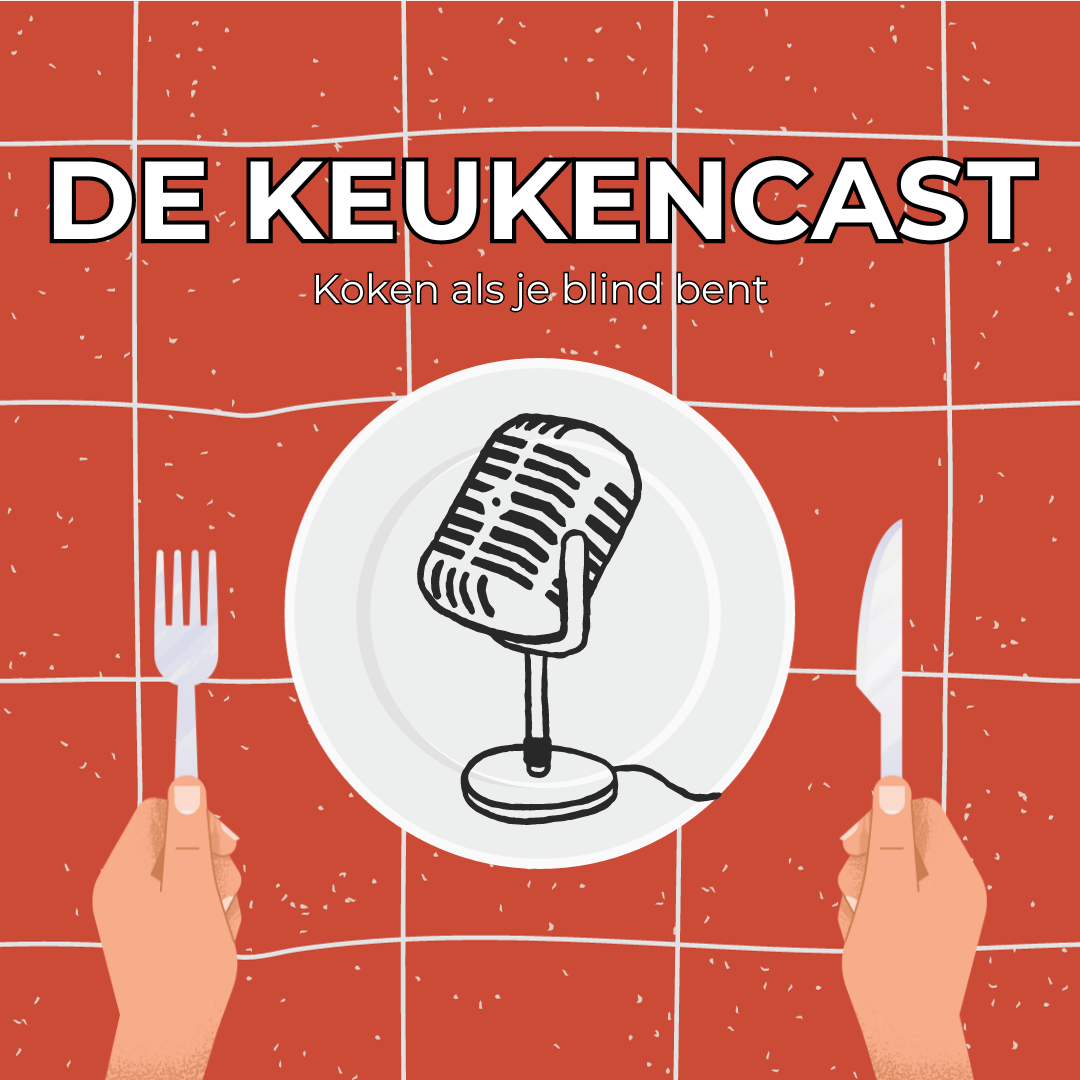 Twee handen die mes en vork vasthouden met daartussen in een wit bord. Het bord staat op een rood wit geblokt tafelkleed. Op het bord is een staande microfoon afgebeeld. 