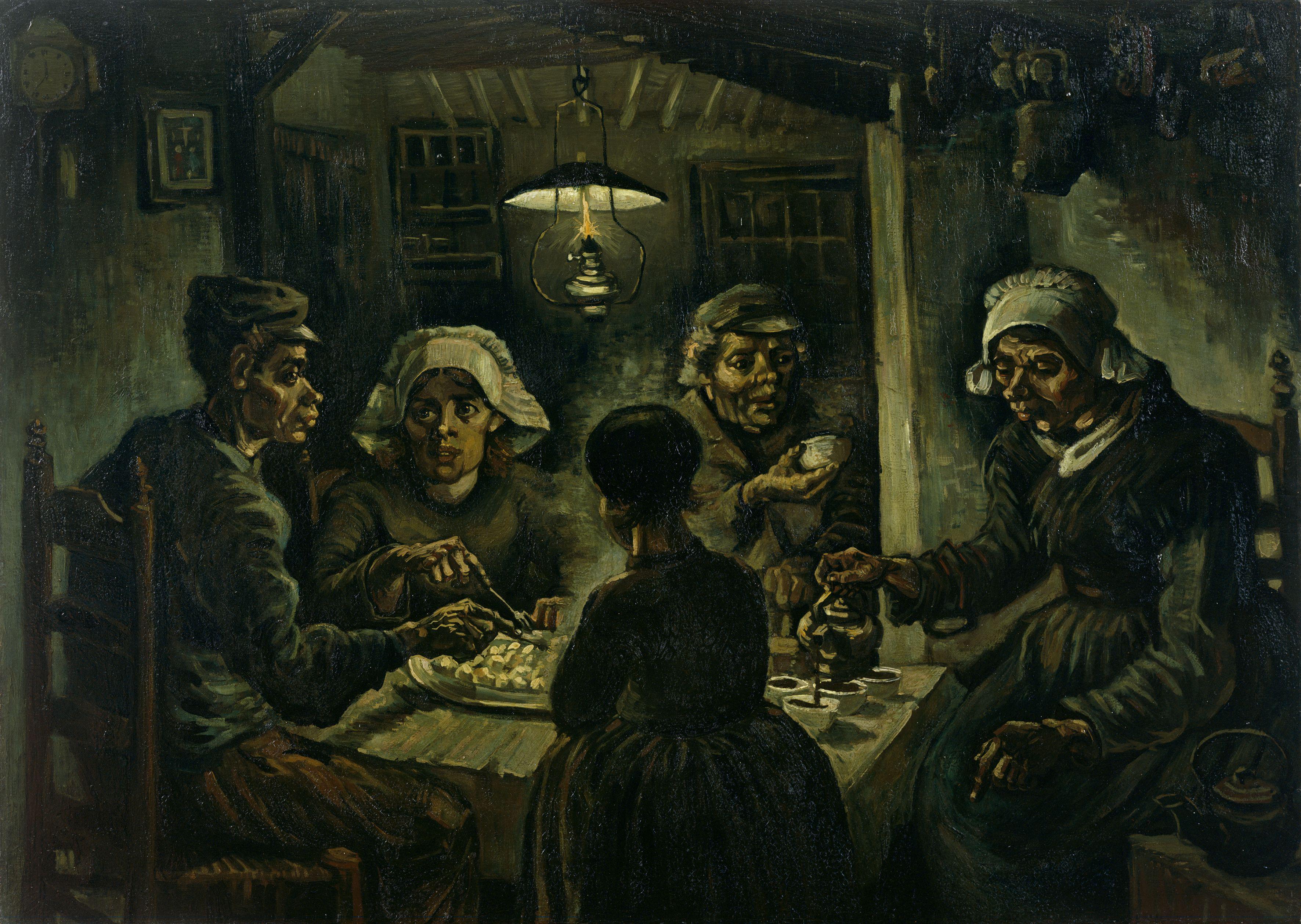 De aardappeleters: het schilderij De Aardappeleters. Een boerenfamilie van vijf zit rondom een eettafel en eet aardappelen en drinkt koffie.