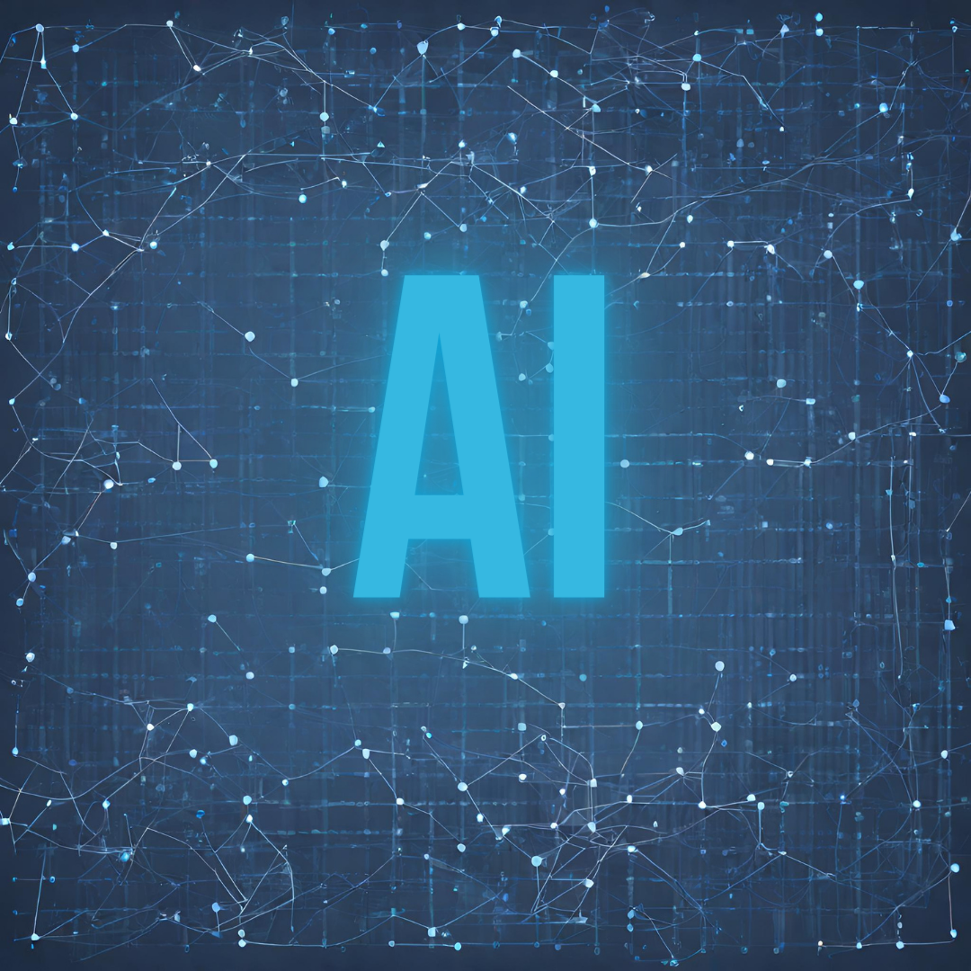De letters AI in lichtblauw op een blauwe achtergrond waarop in wit verbindingen te zien zijn, een algoritme nabootsend