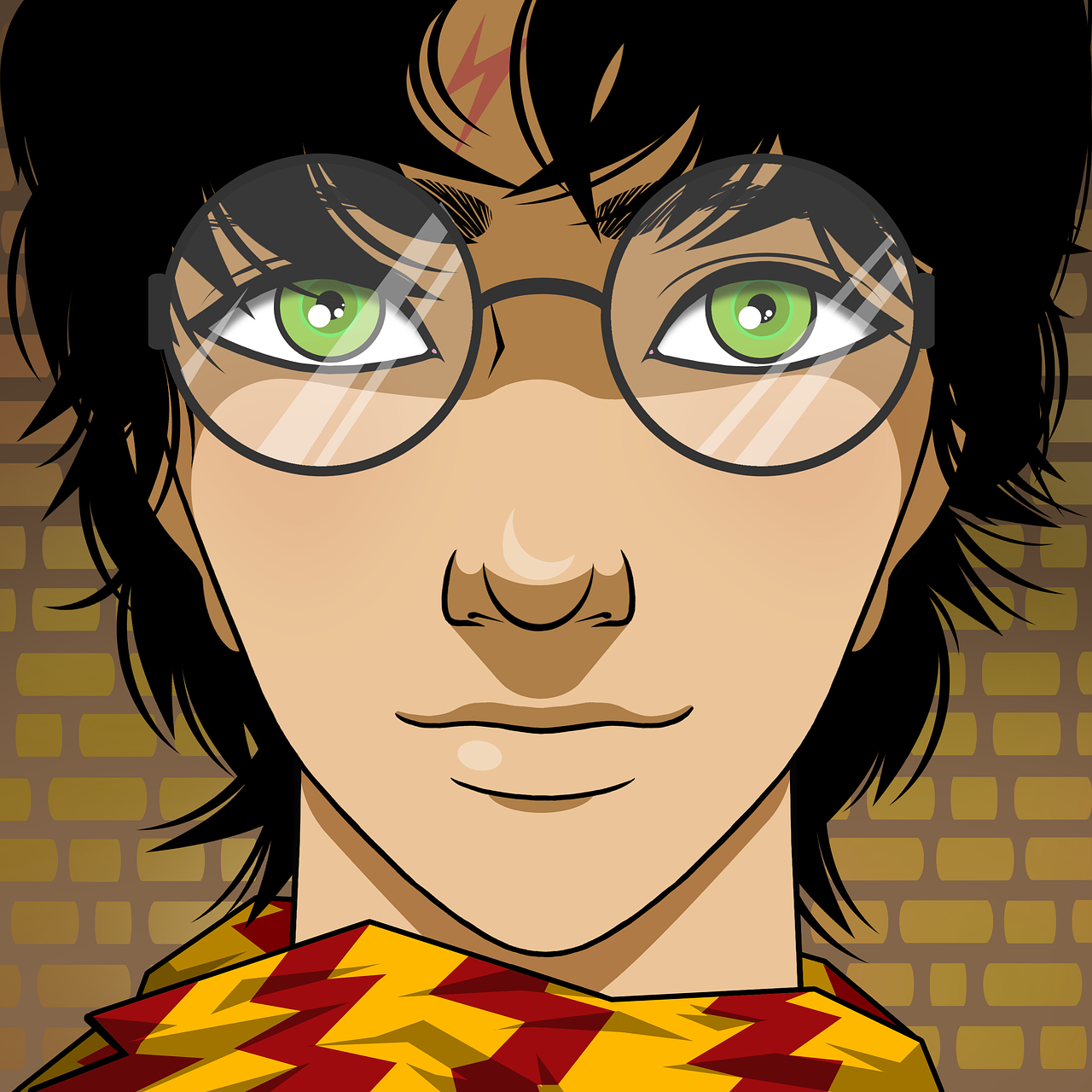 Een animatie van het gezicht van Harry Potter: een jongen met felgroene ogen, zwart haar en een ronde bril.