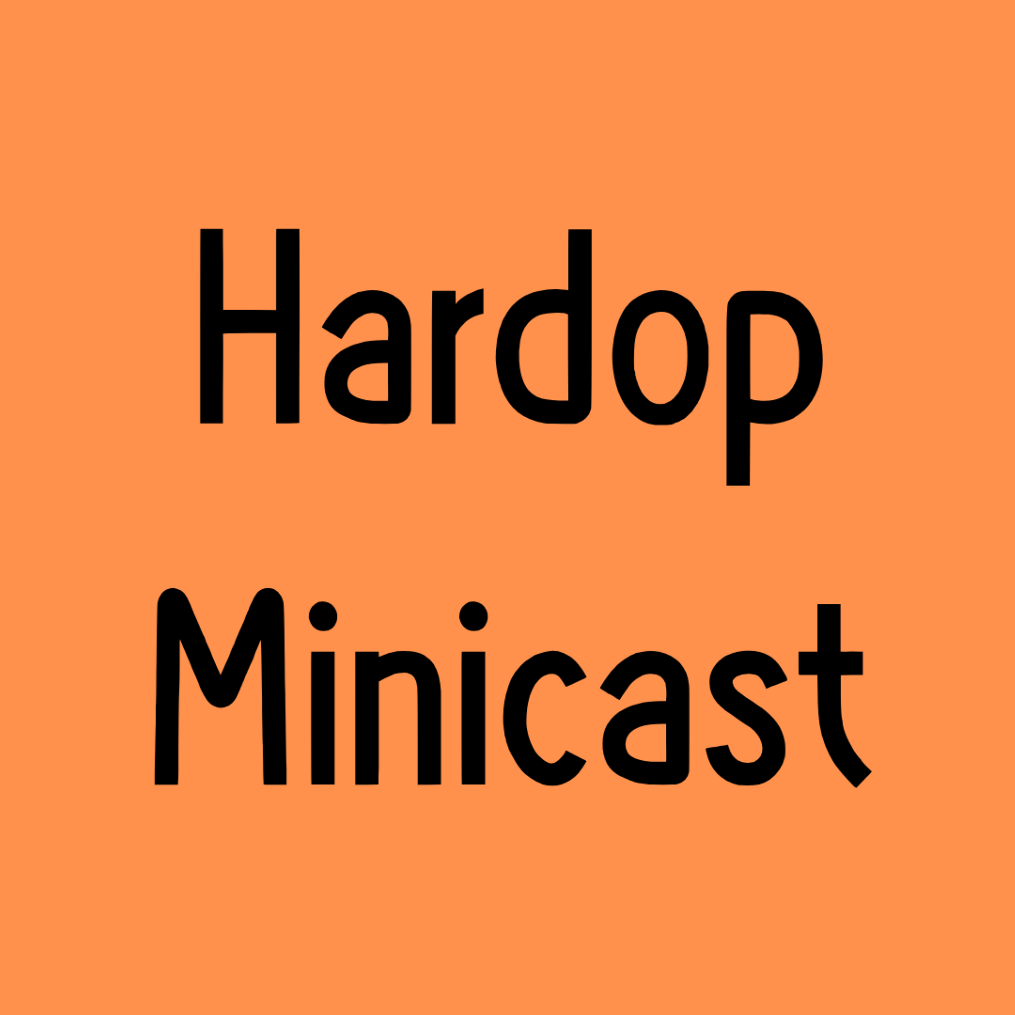 Oranje achtergrond met daarop in zwart en onder elkaar de woorden 'Hardop'en 'Minicast'