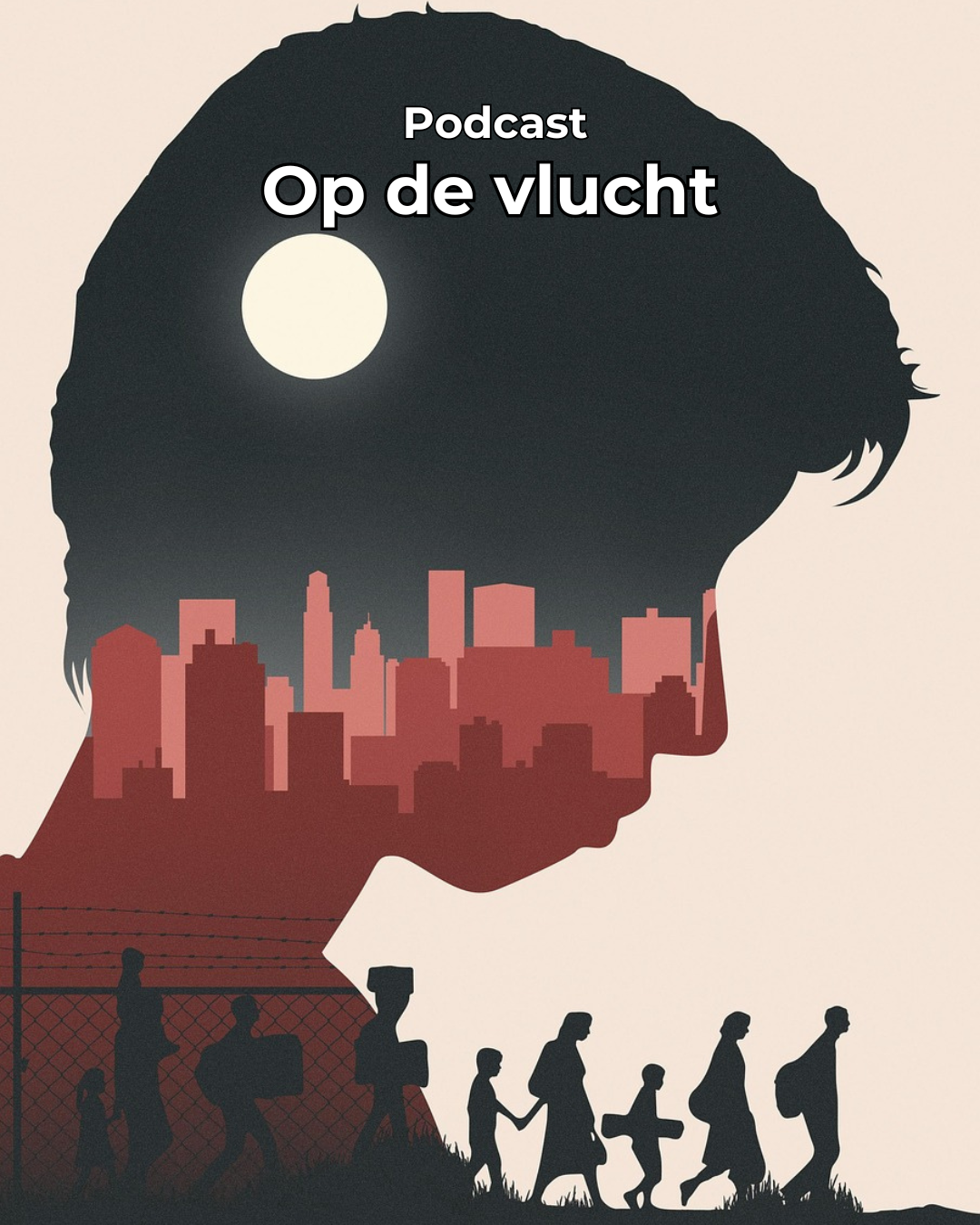 Links in beeld het hoofd van een kind, in silhouet en en profil. In het silhouet is de skyline van een stad te zien, tegen een donkere hemel met daarin een maan. op de voorgrond, eveneens in silhouet, een aantal met tassen en rugzakken bepakte mensen die van de ene kant van de afbeelding naar de andere kant lopen.  