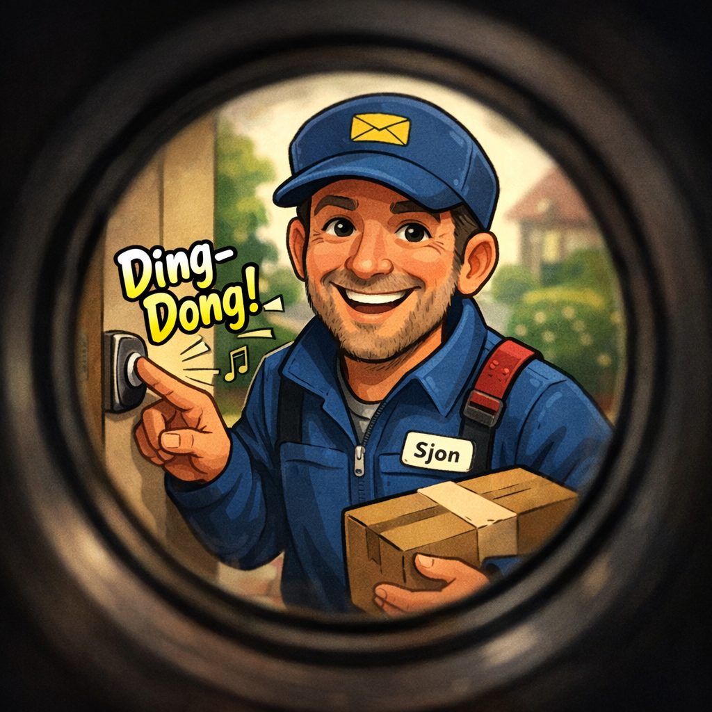 Door een kijkgaatje gezien: een lachende postbode met een pakketje in zijn handen belt aan. op zijn naamkaartje staat 'Sjon'. Boven de bel staat 'ding-dong'