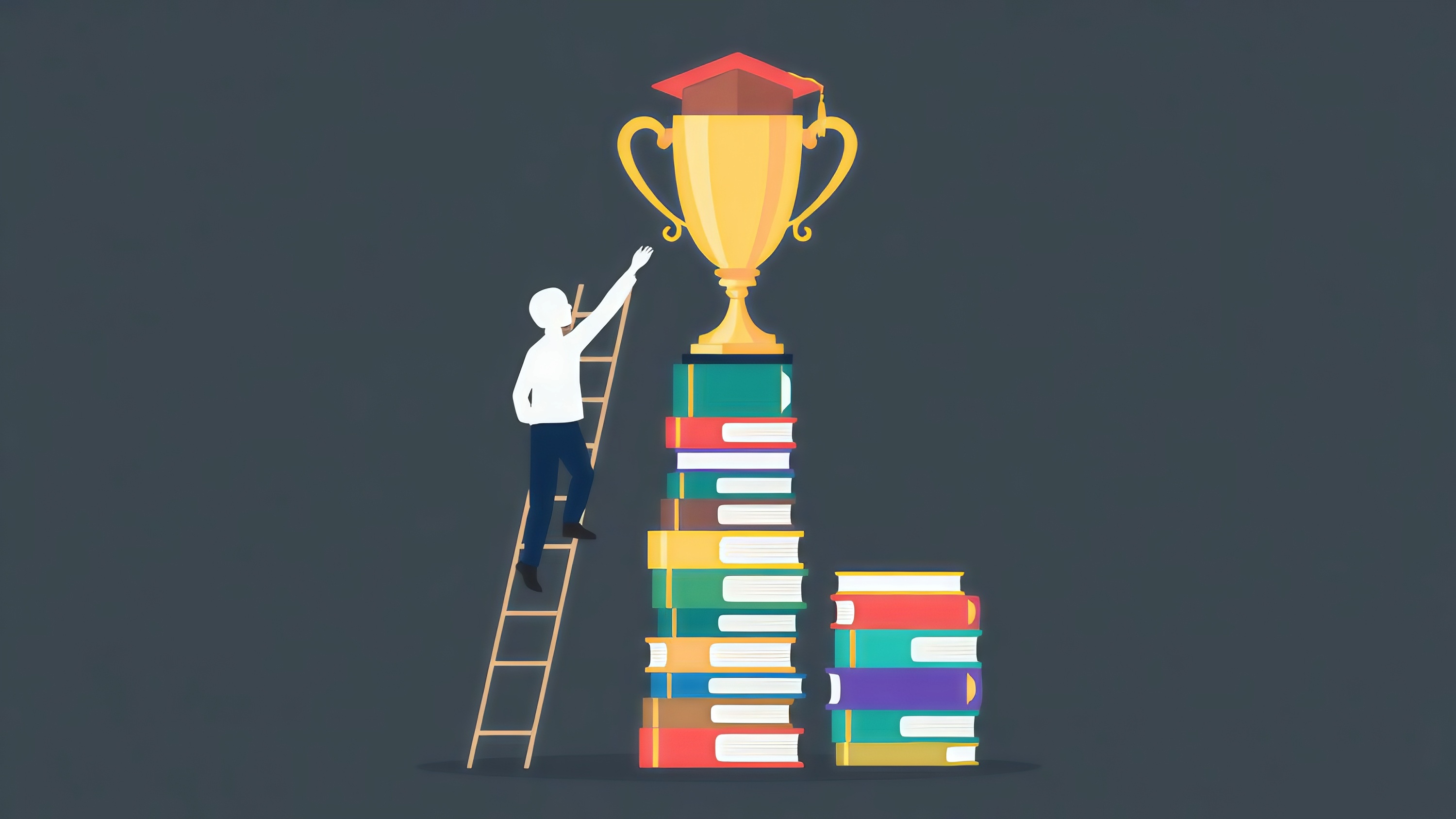 Figuurtje klimt op een ladder om een trofee te pakken die boven op een stapel boeken staat