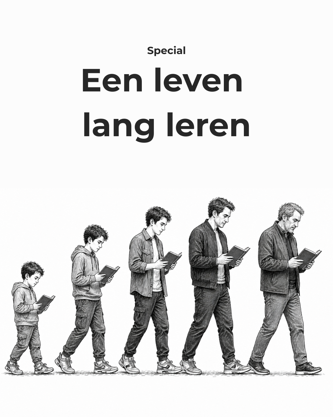 à la Darwins evolutievoorstelling: Getekende afbeelding; van links naar rechts 5 jongens/mannen oplopend in leeftijd. Ze lijken al lopende allemaal in een boek te lezen. 