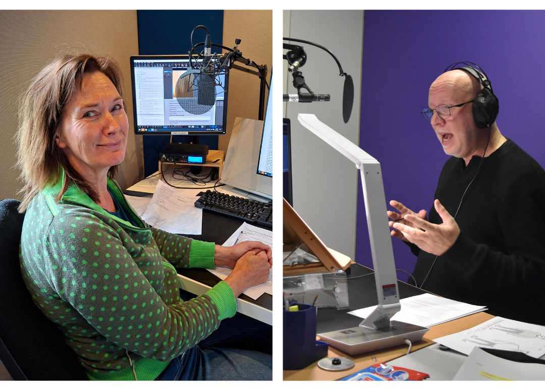 Een tweeluik: links Liesbeth Buijsrogge tijdens een leesbeurt in de studio. Deels op de rug gezien; ze draait zich lachend om naar de camera. Rechts Ferry Bolt tijdens zijn leesbeurt. Hij gebaart met zijn handen terwijl hij leest.