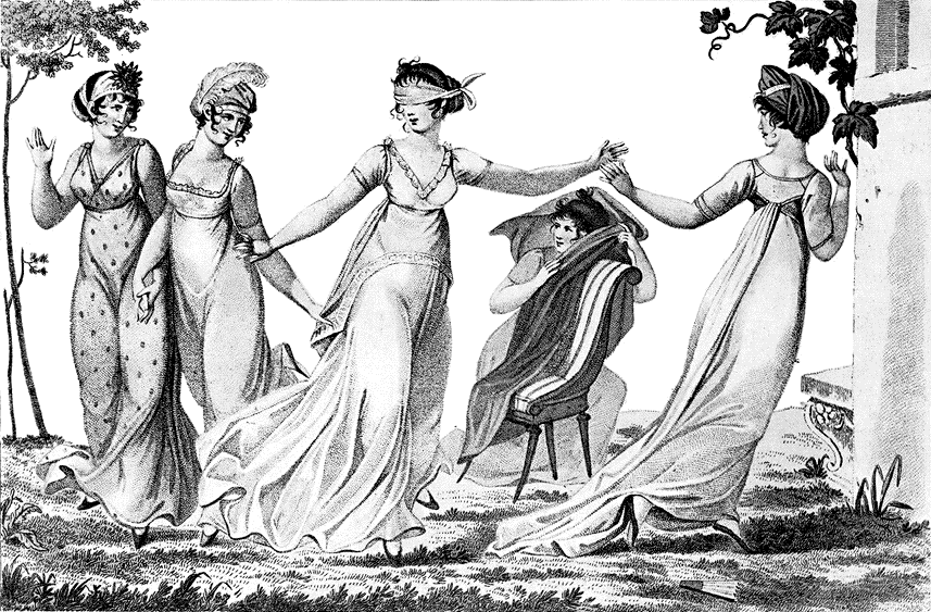 Een oude zwart-witprent met vijf vrouwen in lange jurken die blindemannetje spelen.