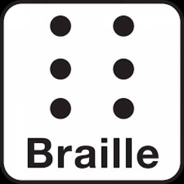 Afbeelding van een dobbelsteen met daarop zes punten met daaronder de tekst 'Braille'