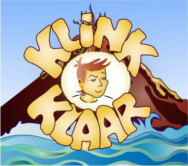 Logo Klinkklaar, getekende jongen in een cirkel met daaromheen in geel het woord Klinkklaar. Op de achtergrond een vulkaan, vooraan water. 