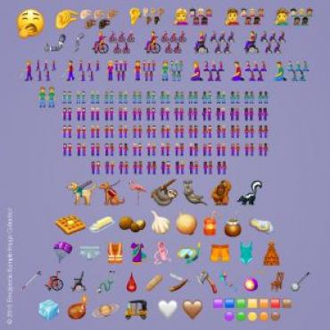 vierkant blok met veel emoji's op een paarse achtergrond