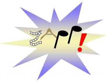 Het logo van Zapp! dat bestaat uit een fimlrolletje, een kleerhanger, muzieknoten en een uitroepteken