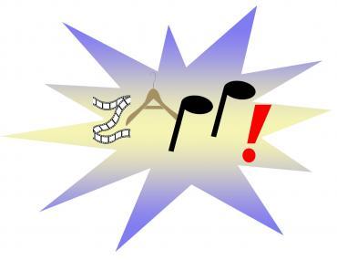 het logo van Zapp! dat bestaat uit de letters weergegeven in muzieknoten en een filmrolletje met een flits op de achtergrond 