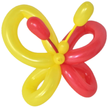 Vlinder gevouwen van ballonnen, rechts rood, links geel van kleur