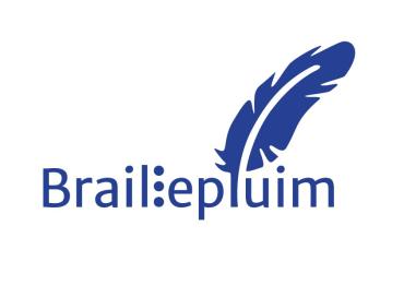 Logo Braillepluim: het woord Braillepluim (de tweede l in braillepuntjes) met een veer die boven de l en u van pluim uitsteekt.