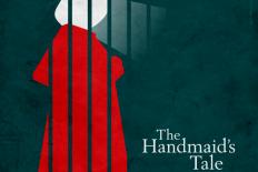 Cover van het boek The handmaid's tale, met daarop een rood menselijk figuur met wit hoofd, doorbroken door verticale strepen