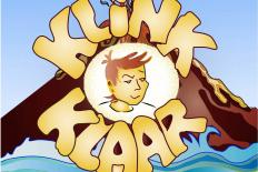Logo Klinkklaar, getekende jongen in een cirkel met daaromheen in geel het woord Klinkklaar. Op de achtergrond een berg, vooraan water. 