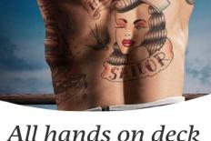 de poster van de voorstelling All Hands on Deck met daarop een ontblote zeemansrug met tatoeages