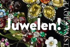 Campagnebeeld Juwelen Hermitage Amsterdam met kleurrijke bloemjuwelen tegen een zwarte achtergrond.