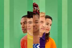 Canmpagnebeeld What a Genderful World Tropenmuseum met daarop vijf gezichten tegen een groene achtergrond