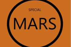 Zwarte cirkel tegen bruinrode achtergrond met in cirkel de woorden special Mars.