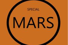 Zwarte cirkel tegen bruinrode achtergrond met in cirkel de woorden special Mars.