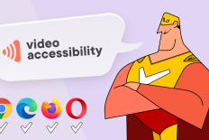 Superheld met de letter 'V' op zijn borst die in een tekstballon zegt: Videoaccessibility. Linksonderin de logo's van Chrome, Edge, Firefox en Opera met een vinkje daaronder.