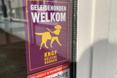 Sticker op deur. tekst op de sticker: geleidehonden welkom.