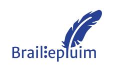 Logo Braillepluim: het woord Braillepluim (de tweede l in braillepuntjes) met een veer die boven de l en u van pluim uitsteekt.